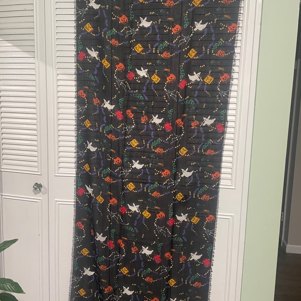 Halloween Print Black Scarf & Wrap - Festive Ghost, Pumpkin & Confetti Design